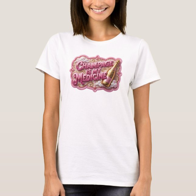 Camiseta com a inscrição Rosa CHAMPANHE É MINHA ME (Frente)