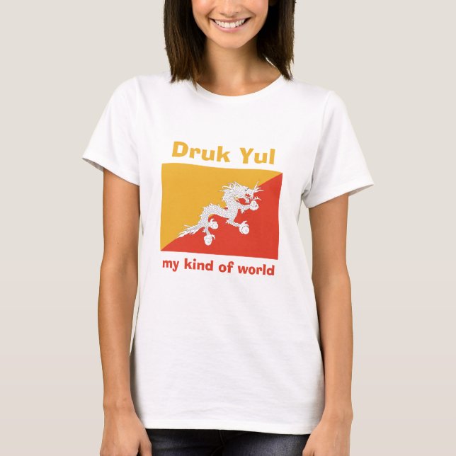 Camiseta com Bandeira do Butão + Mapa + Texto (Frente)