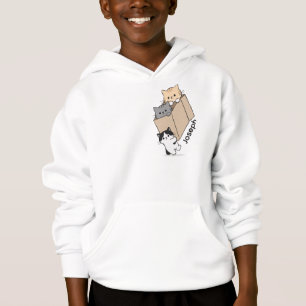 Camiseta com Capuz de Gato Fofo Sentado na Caixa E