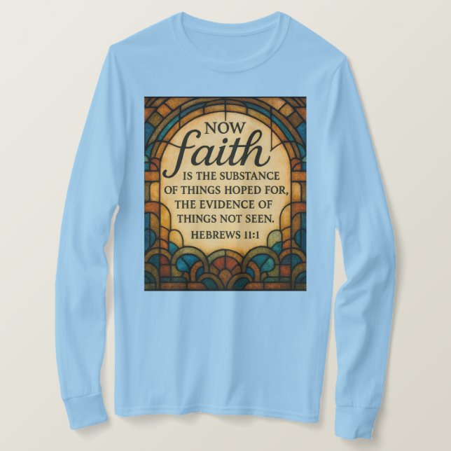 Camiseta com Citação de Fé em Vidro Colorido (Frente do Design)