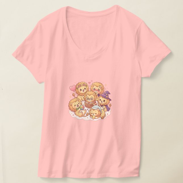 Camiseta com Decote em V Amigos Leões (Postura )