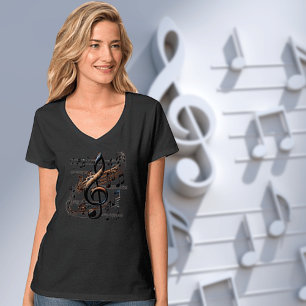 Camiseta com decote em V e design musical sutil
