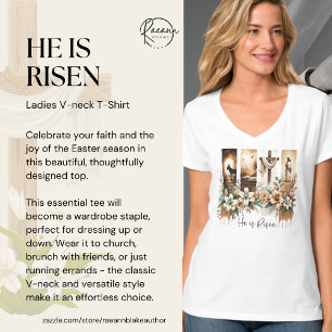 Camiseta com decote em V "Ele Ressuscitou" Pincela