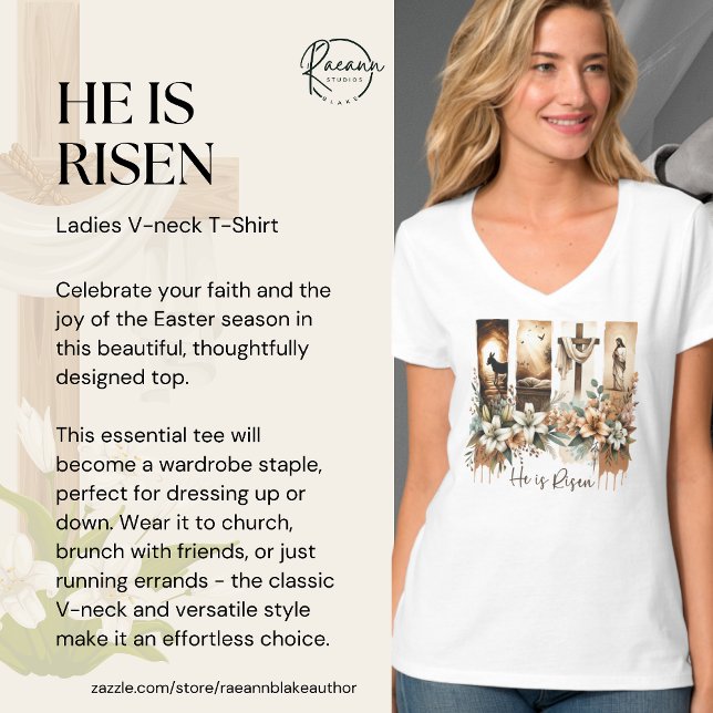 Camiseta com decote em V "Ele Ressuscitou" Pincela (Criador carregado)