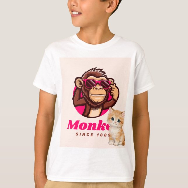 Camiseta com desenho de gato e macaco  (Frente)