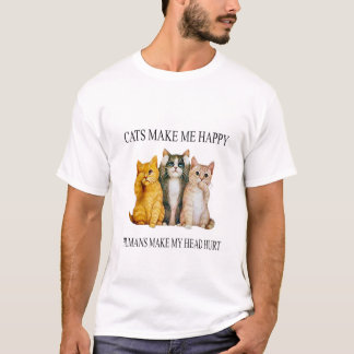 Camiseta com Design de Gatos Felizes e Dor de Cabe