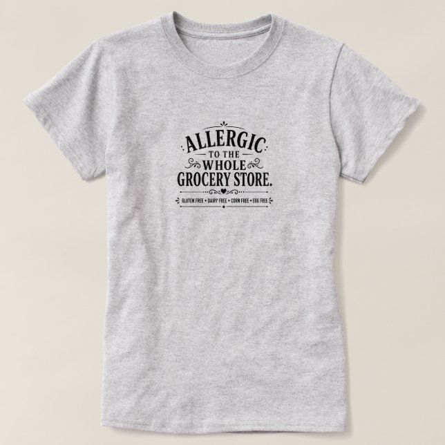 Camiseta com Dito Engraçado sobre Alergias Aliment (Frente do Design)