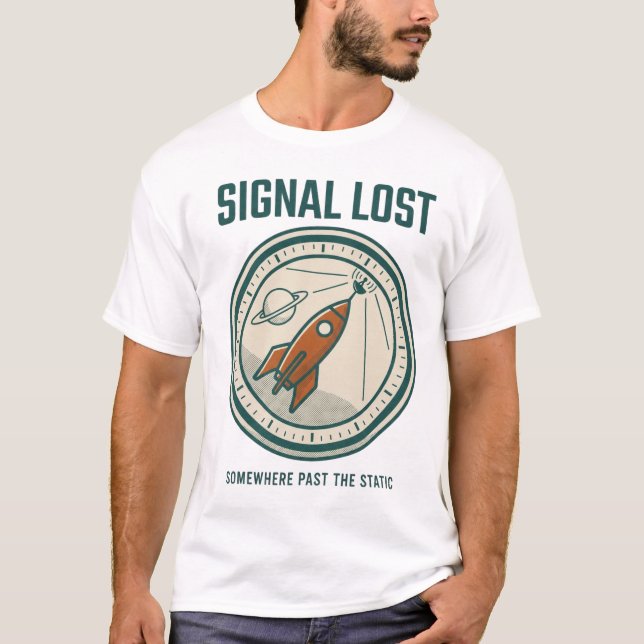 Camiseta com Emblema da Missão Retro Foguete Sinal (Frente)