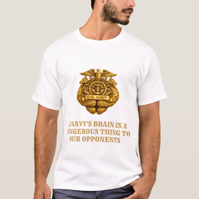 Camiseta com Emblema de Cérebro Dourado da Marinha (Frente)