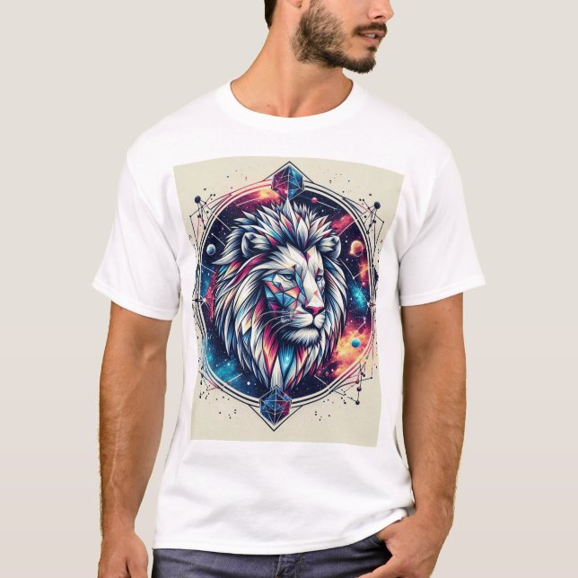 Camiseta com Emblema de Leão Geométrico Cósmico (Frente)