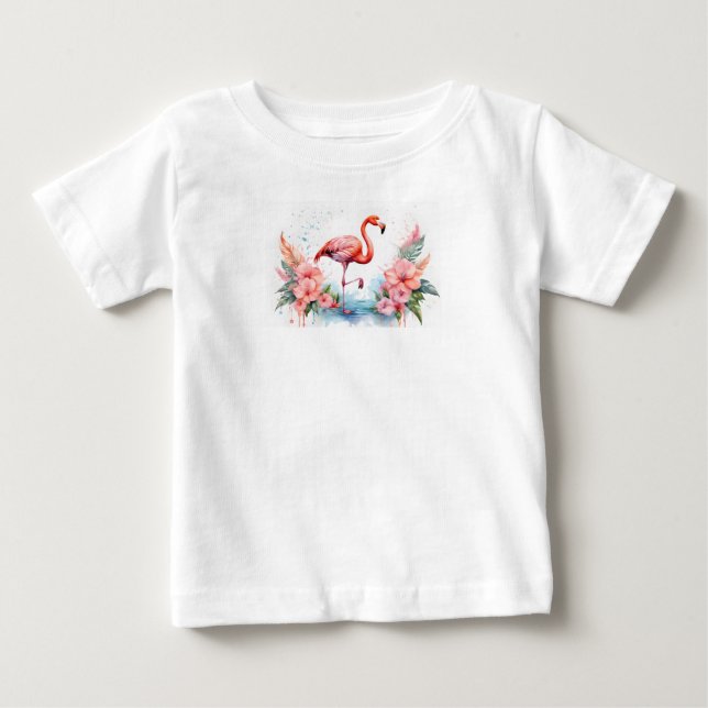 Camiseta com flamingo rosa e flores para menina. (Frente)