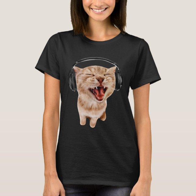 Camiseta Com Garotas Gato Fones de Ouvido Meme (Frente)