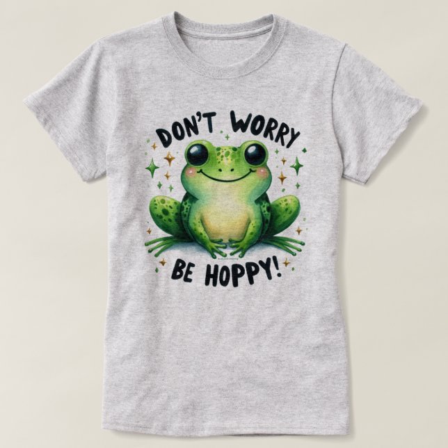 Camiseta com Gráfico da Rã "Don't Worry Be Hoppy" (Frente do Design)