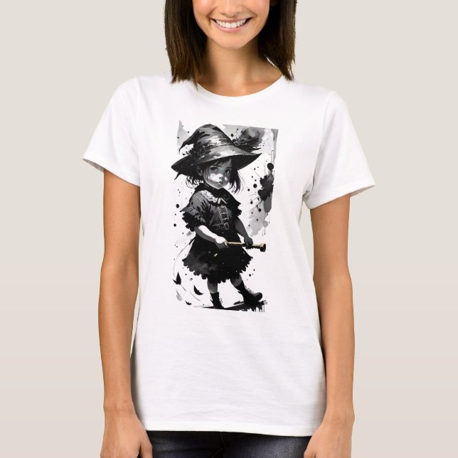 Camiseta com Mancha de Tinta Preta de Bruxa (Frente)