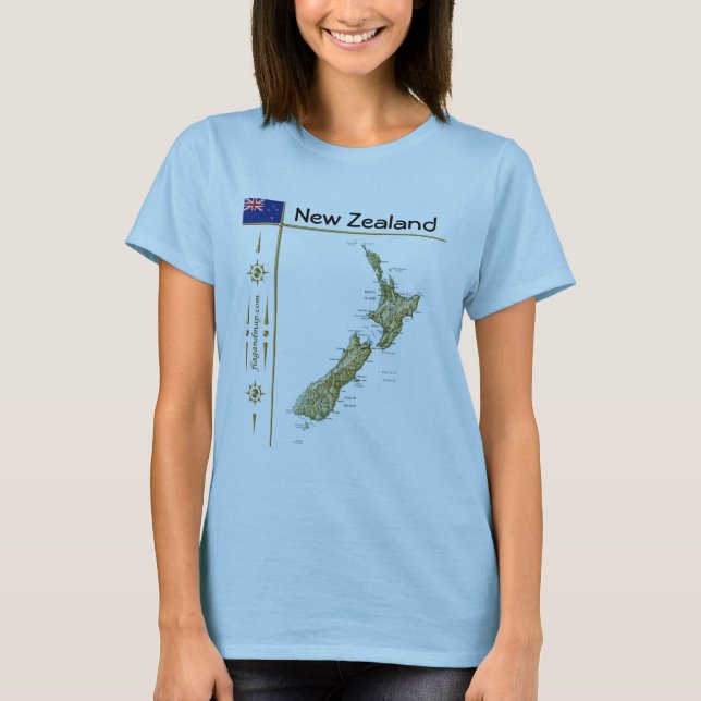Camiseta com Mapa da Nova Zelândia + Bandeira + Tí (Frente)