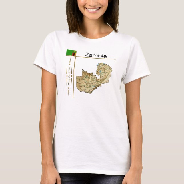 Camiseta com Mapa da Zâmbia + Bandeira + Título (Frente)