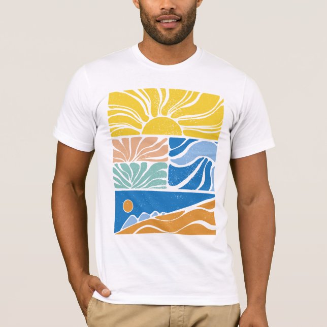 Camiseta com padrão retrô de sol e ondas (Frente)