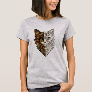 Camiseta com Rosto de Gato em Fio de Ouro Ornament