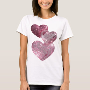 Camiseta com Slogan Corações Rosa Prata Divertida