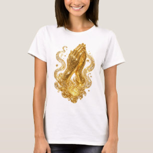 Camiseta com slogan de MÃOS EM ORACÃƒO em Dourado 