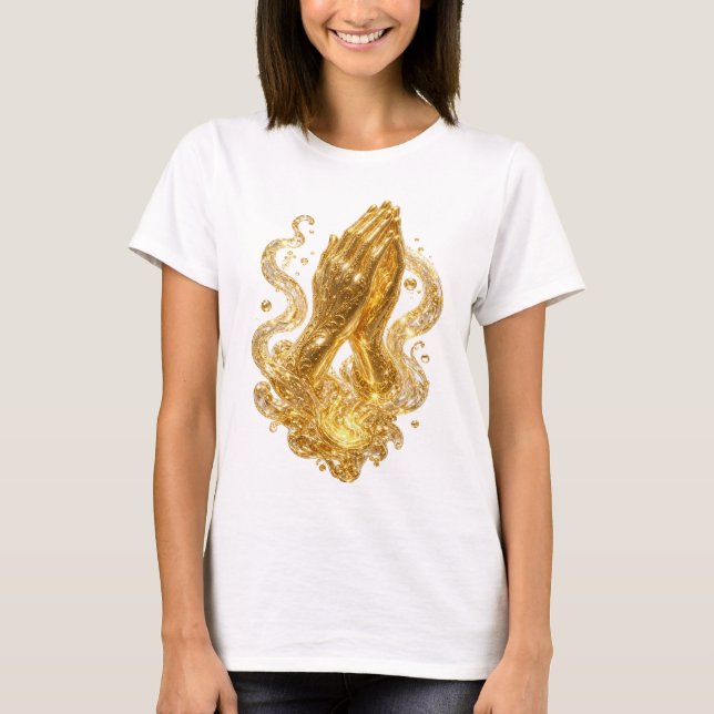 Camiseta com slogan de MÃOS EM ORACÃƒO em Dourado  (Frente)