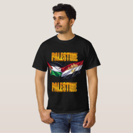 Camiseta com texto em ouro e bandeiras da Palestin