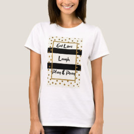 Camiseta Coma a risada do amor e reze pontos de ouro pretos