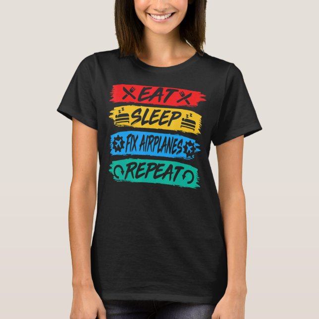 Camiseta Coma Aviões com Correção do Sono Repetir Mecânica  (Frente)