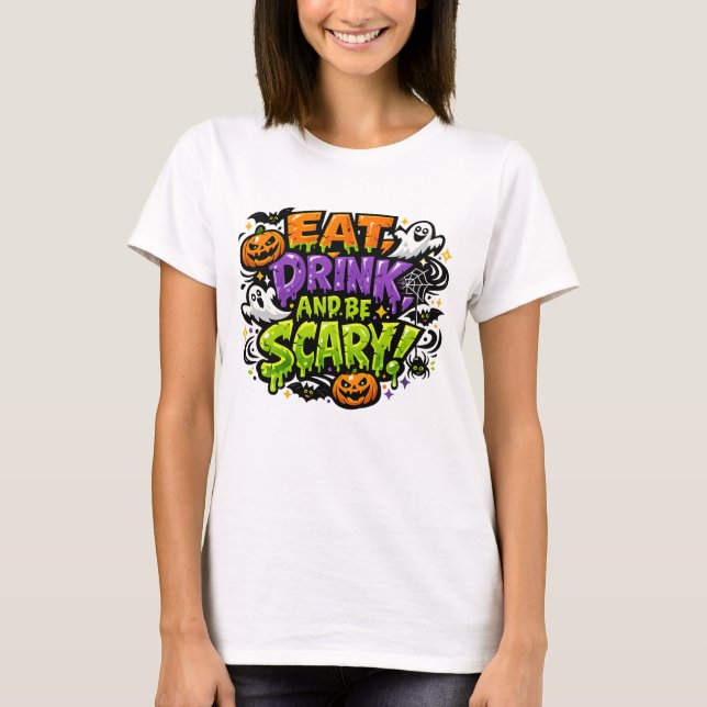 Camiseta Coma, Beba e Seja Assustador Arte de Quadrinhos de (Frente)