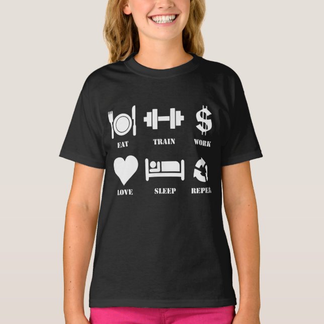 Camiseta Coma Comboio Trabalho Adormecer Sono Repetir Giro  (Frente)