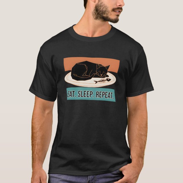 CAMISETA COMA, DORME, REPITA - GATO PRETO ENGRAÇADO (Frente)