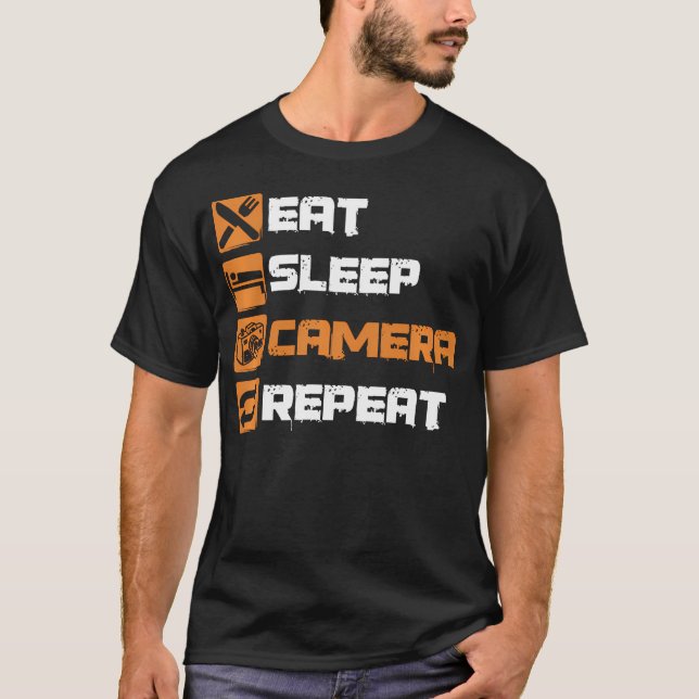 Camiseta Coma Dormir Câmera Repetir Fotografia Fotógrafo (Frente)