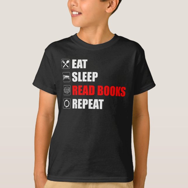 Camiseta Coma. Durma. Leia Livros. Repetir (Frente)