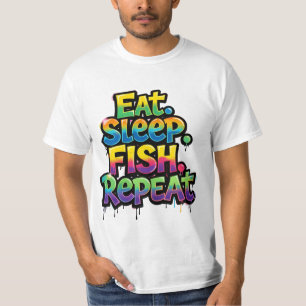 Camiseta Coma Peixe Dormir Repita Grafite Arco-íris