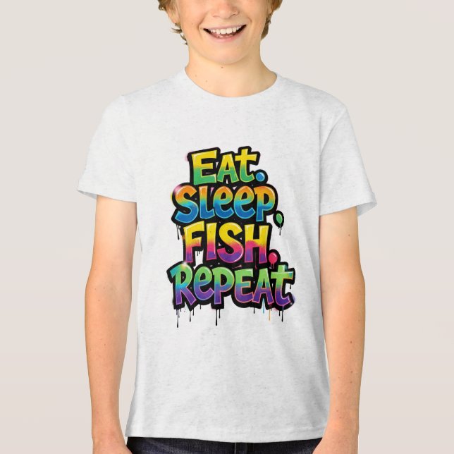 Camiseta Coma Peixe Dormir Repita Grafite Arco-íris (Frente)