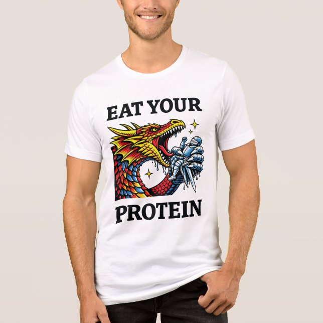 Camiseta Coma Sua Proteína – Cavaleiro Comendo Dragão Épico (Frente)