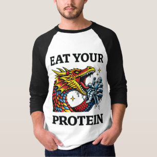 Camiseta Coma Sua Proteína – Cavaleiro Comendo um Dragão Ép