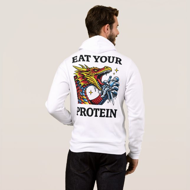 Camiseta Coma Sua Proteína – Cavaleiro Épico Comendo Dragão (Parte Traseira Completa)