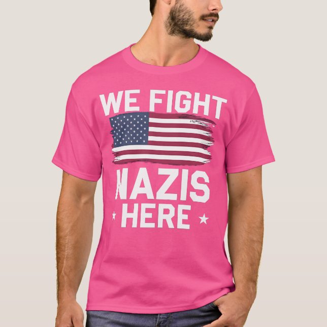 Camiseta Combatemos Nazis Aqui - Bandeira Americana (Frente)