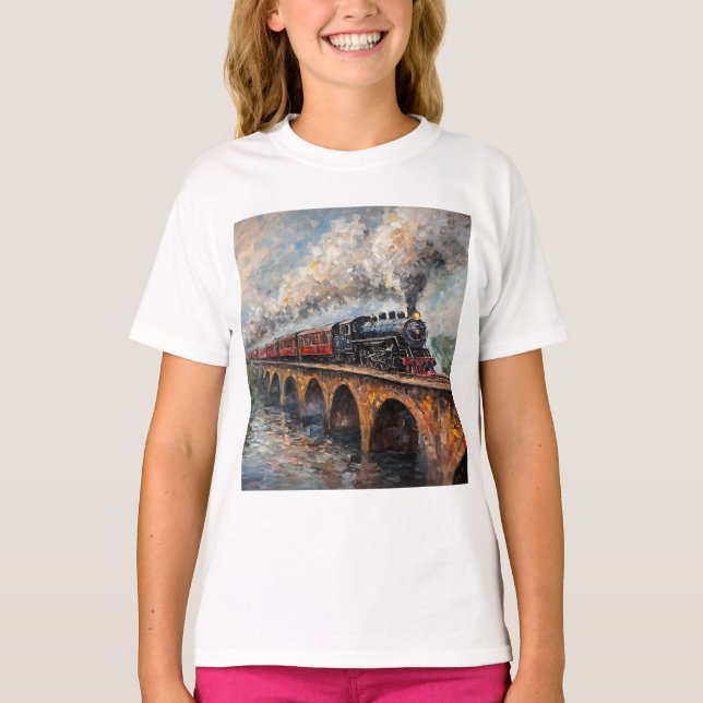 Camiseta Comboio a vapor numa ponte - Pintura a óleo (Frente)