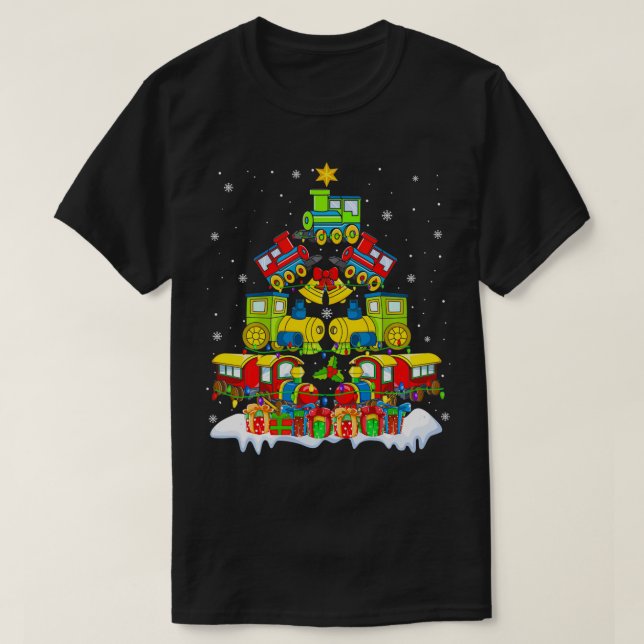 Camiseta Comboio Sobre Árvores Xmas Papais noeis de Natal C (Frente do Design)