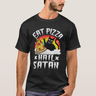 Camiseta Come Pizza Hail Satã Pet Cats Rainbow Engraçado Mo