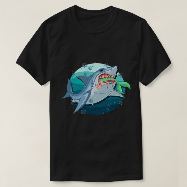 Camiseta Comendo Sereia Engraçada Com Tubarão (Frente do Design)