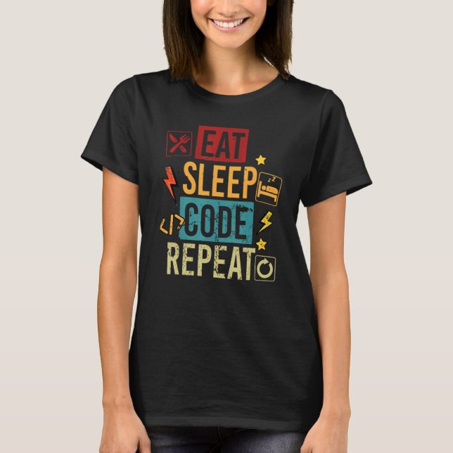 Camiseta Comer Código Dormir Programação Ciência da Computa (Frente)