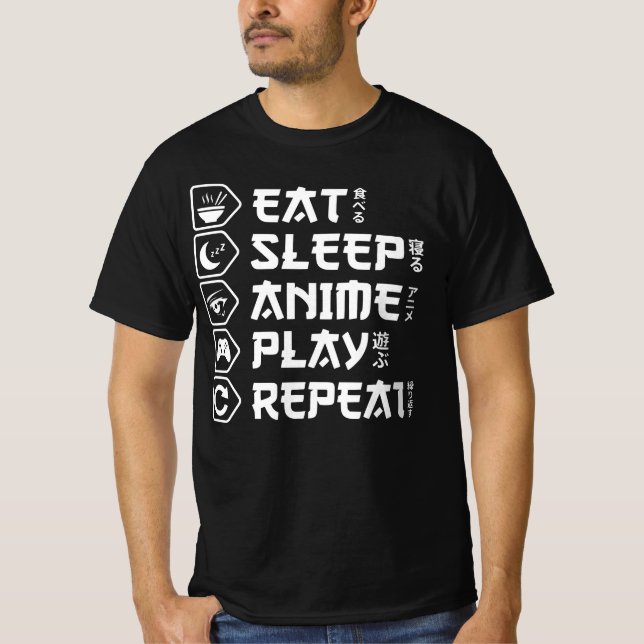 Camiseta Comer Dormir Anime Jogar Repetir Estilo de Vida Ot (Frente)