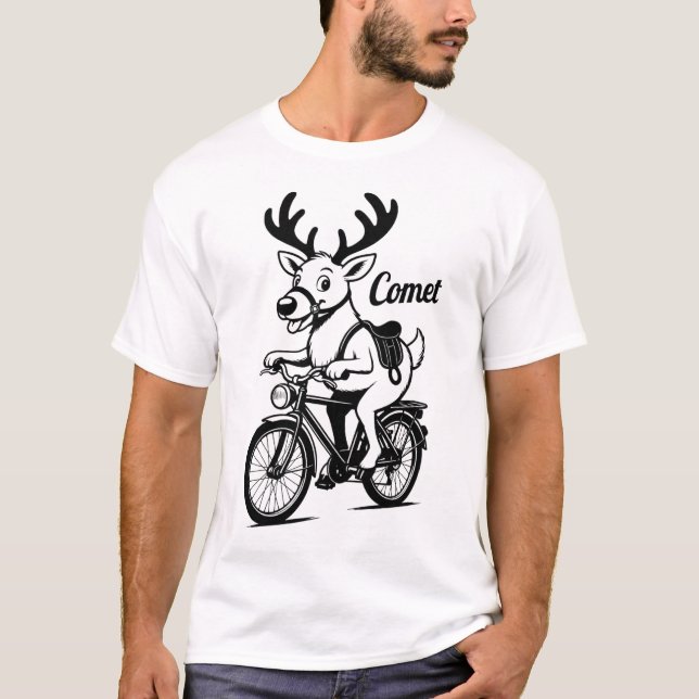 Camiseta Cometa: a Rena Cavalgando uma Bicicleta (Frente)