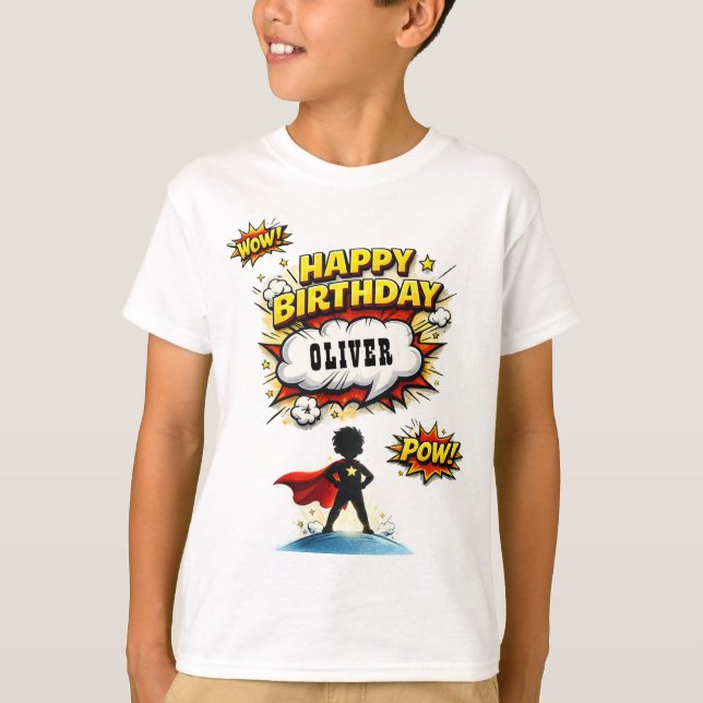 Camiseta Comic Style Superhero Boy's Name Birthday (Frente)
