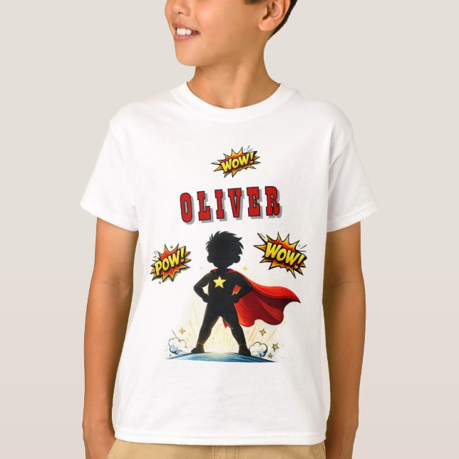 Camiseta Comic Style Superhero Boy's Name Birthday Party (Frente)