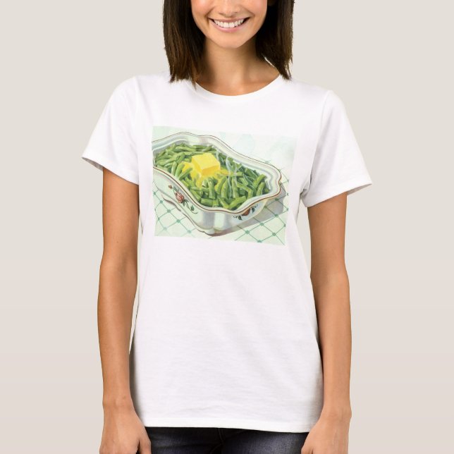 Camiseta Comida Antiga, Caçarola de Feijão Verde com Mantei (Frente)