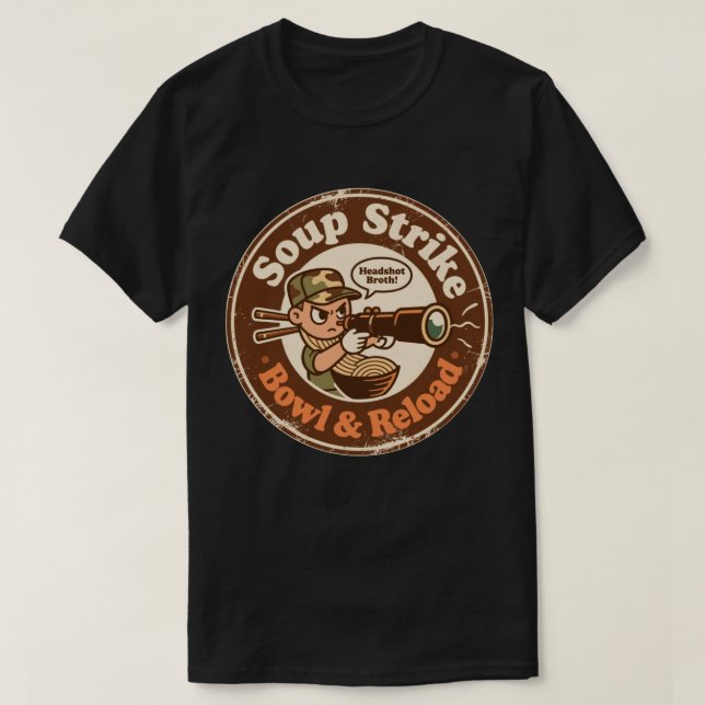 Camiseta Comida de Combate à Descarga de Alcance da Sopa (Frente do Design)
